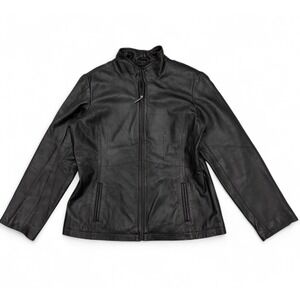 Vintage George Black 100% Leather Zip Up Jacket Moto Grudge Women's Large 12/14‎